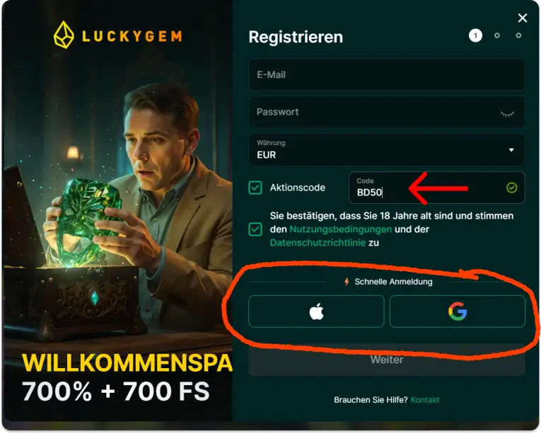 Schnell und einfach mit Apple oder Google bei LuckyGem registrieren!