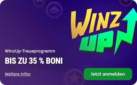 Screenshot des WinzUp-Treueprogramms bei Winz.io mit bis zu 35 Prozent Boni für Bestandskunden