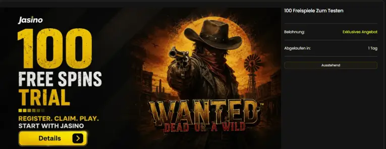 Jasino: 100 Freispiele für Wanted Dead or a Wild - Freispiel-Test durch BONUS.DIRECT