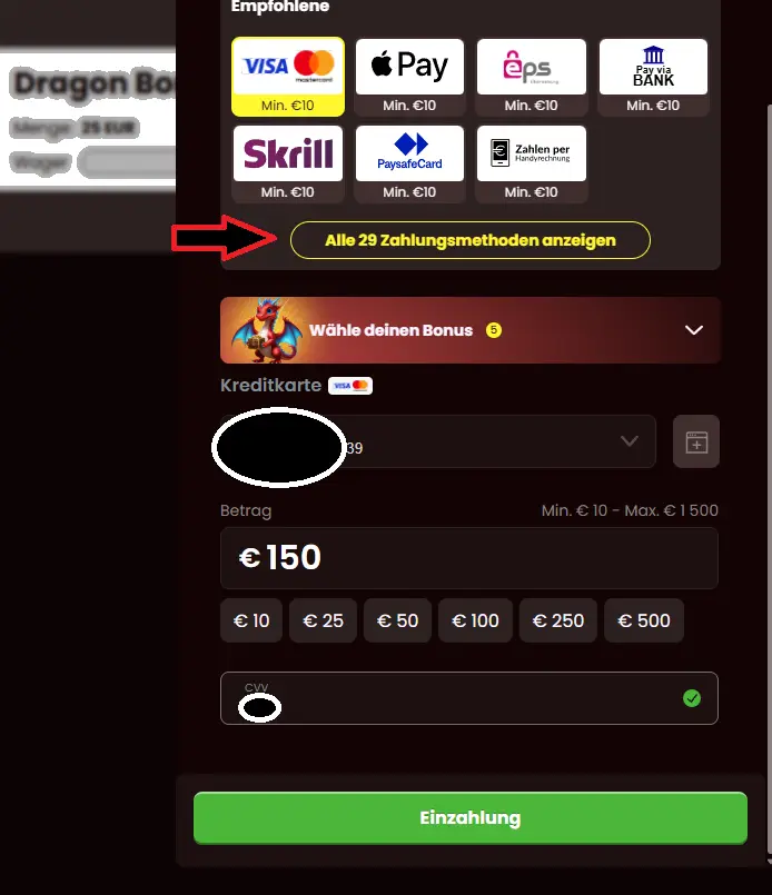 29 Möglichkeiten einer Einzahlung bei Dragonslots im BONUS.DIRECT Test