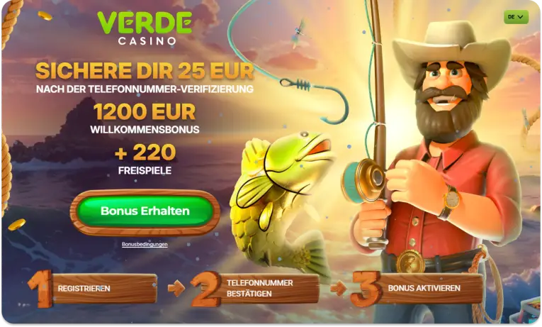 Screenshot eines Angebots von 25 Euro Casino Bonus ohne Einzahlung im Verde Casino