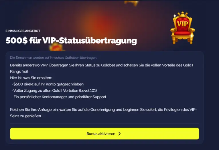 Goldbet VIP-Programm: Screenshot der VIP-Statusübertragung mit 500$ Bonus, sofortigem Gold I Rang