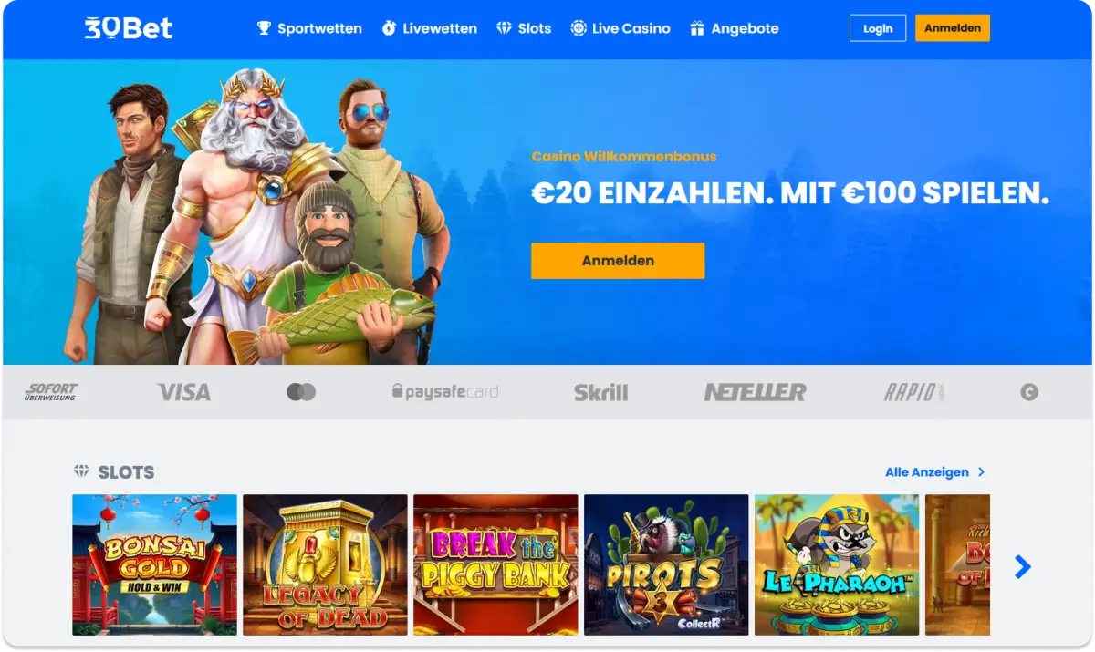 Unsere Empfehlung für Mai 2026: Bis zu 600 € Casino Bonus von 30Bet!