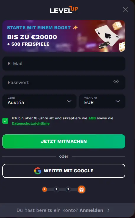 Bei LevelUp funktioniert die Anmeldung rasch und unkompliziert